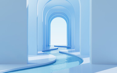 Arch architecture with water background, arch tunnel , geometric construction, 3d rendering.