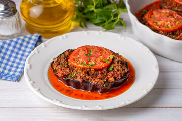 Traditional, delicious Turkish food, eggplant dish. Turkish name; Patlican oturtma