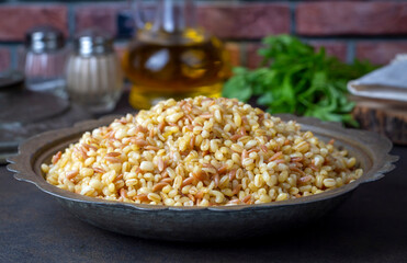 Traditional, delicious Turkish food; noodle wheat pilaf, bulgur pilaf. Turkish name; Bugday pilavi or sehriyeli bulgur pilavi