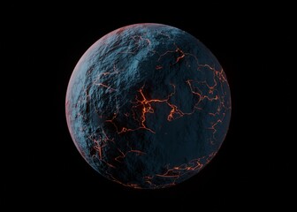 Sci-fi planet clip art with lava rivers from volcanic activity, isolated on black, 3D rendering