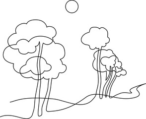 Landscape park with path and trees. Continuous line drawing illustration. Vector