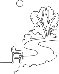 Landscape park with path and trees. Continuous line drawing illustration. Vector - 525595630