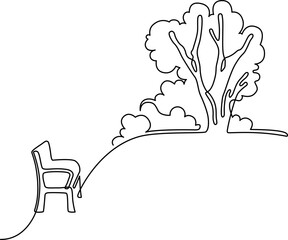 Landscape park with path and trees. Continuous line drawing illustration. Vector