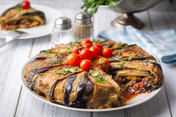 Traditional delicious Turkish food, meat eggplant dish (Turkish name; patlican kapama)