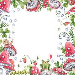 Watercolor forest frame with fly agaric mushrooms, forest plants, snails and caterpillars in cartoon style. Square frame with fly agaric for postcards, invitations, albums.