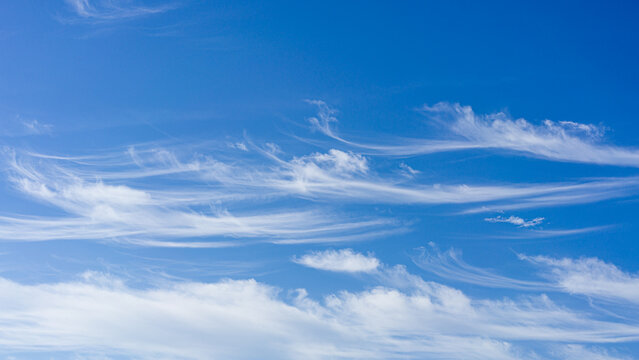 Blue sky and cirrus white high clouds. Horizontal.