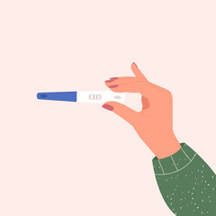 Illustration of a woman's hand holding a positive pregnancy test. Vector - obrazy, fototapety, plakaty