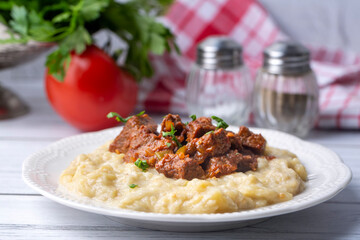 Turkish Food Hunkar Begendi made with Eggplant and Meat.
