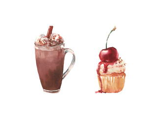 cupcake with cream, strawberry and cup of cocoa - dessert - colorful watercolor illustration