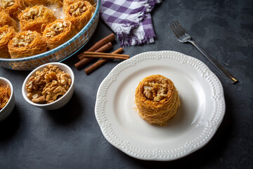 Traditional delicious Turkish food; walnut kadayif, Turkish name; kase kadayif