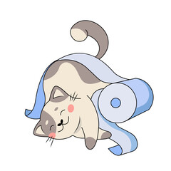 Vector illustration of a cute gray-white cat playing with a roll of toilet paper. A happy pet