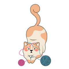 Vector illustration of a cute red-and-white cat playing with balls of thread. Happy pets