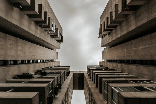 Low-angle of the brutalist multi-story concrete building in Split, Croatia