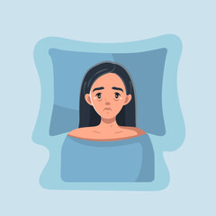 A young woman with a sleep disorder is lying at home in her bed. The girl can't sleep. Insomnia