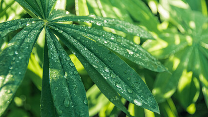 Lupin leaves with dew drops in summer garden. Green natural background for floristry. Fresh stems after rain. - 525598485