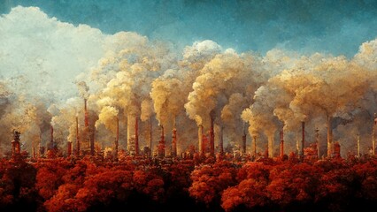 Painting of destroyed nature and factories working - climate change, global warming concept - obrazy, fototapety, plakaty