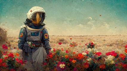 Beautiful painting of an astronaut in in a field of flowers on a different planet - obrazy, fototapety, plakaty
