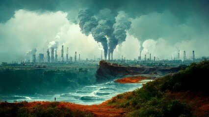Painting of a rising sea and factories working - climate change, global warming concept - obrazy, fototapety, plakaty