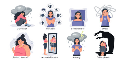 A set of vector illustrations of mental illnesses and disorders - obrazy, fototapety, plakaty