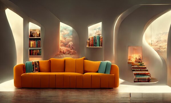 3d Rendering Of A Surreal Interior Design With An Orange Sofa And Dreamscape Elements