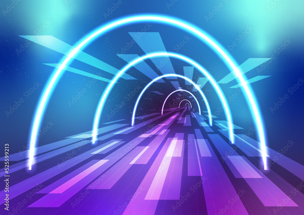 Poster perspective loop tunnel neon glow data transfer cyberpunk futuristic abstract background