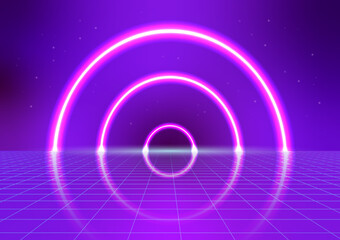 Pink Neon Glow Circle Loop Reflect on Blue Grid Floor Cyberpunk Futuristic Abstract Background