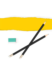 Pencil, eraser and paper. Stationery object set.