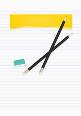 Pencil, eraser and paper. Stationery object set.