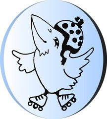 Pins depicting humanized birds  roller skating and skootering. Linear contour image.