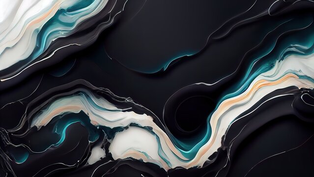 Abstract 4k wallpaper. Liquid fluid, black dark marble, obsidian, with blue, aqua, teal ripples. Modern clean backdrop. Textures, textured illustration with ripples. 