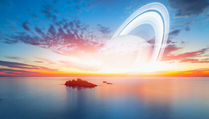 Amazing sunset on the calm sea with Saturn planet on the skyline 
