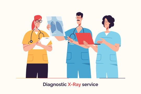 Group of doctors are examining x-ray image. Vector illustration