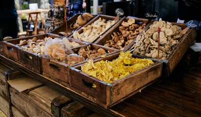 Fresh mushrooms in a food market in Cape Town, South Africa - obrazy, fototapety, plakaty