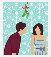 Silhouette of couple are kissing under the mistletoe