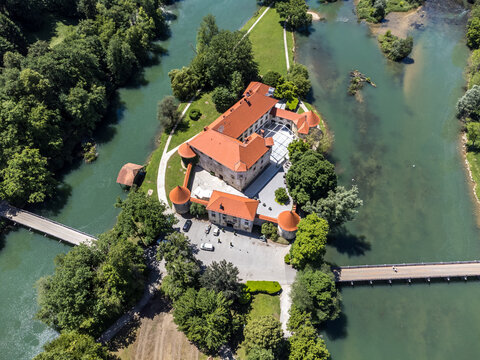 Romantic Otocec Castle on Krka River in Slovenia. Drone View.
