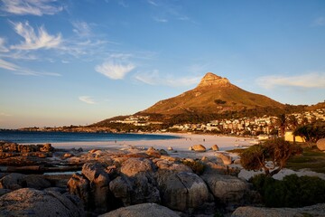 Beautiful view of Lion's Head mountain at sunset in Camps Bay, Cape Town, South Africa