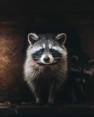 Vertical closeup shot of a cute Raccoon with its baby, staring at the camera