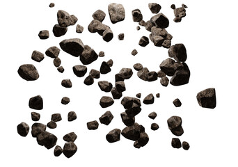 .Falling rocks isolated transparency background.3d rendering illustration..