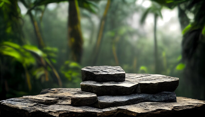 Stone product presentation podium in a jungle with palm trees