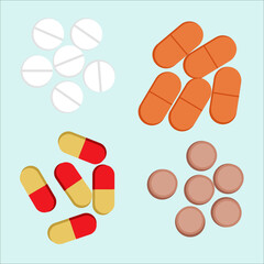 A set of tablets, vitamin, capsules.