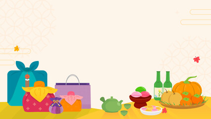 Chuseok Korean thanksgiving day gifts vector illustration. Traditional wrap presents and Chuseok food.