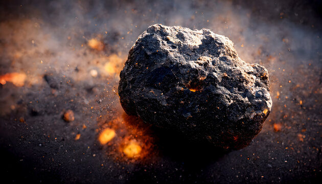 Magma boulder on a black rocky landscape
