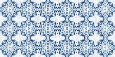 Indigo dye wash coastal damask seamless border pattern. Washed out geometric dip dyed blur effect edging. Nautical and marine ocean blue masculine endless tape background with linen texture trim.