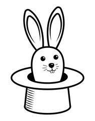 Bunny in a hat, magic trick outline illustration. Cute bunny from hat black thin line art. 