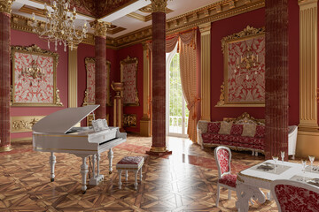 Fototapeta na wymiar The ballroom and restaurant in classic style. 3D render