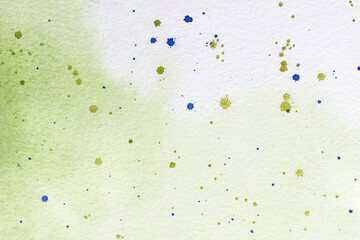 Abstract art background light green and olive colors. Watercolor painting on canvas with blue stains.