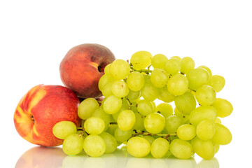One bunch of white grapes, peach and nectarine, closeup isolated on white background.