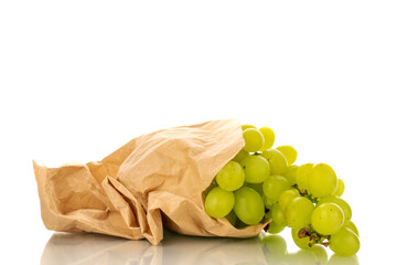 One bunch of white grapes with a paper bag, close-up, isolated on a white background.