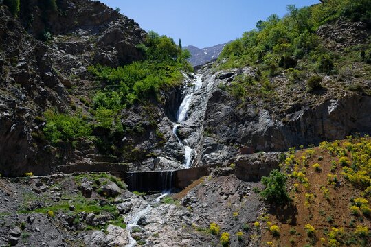 Small waterfall in the Atlas Mountains in Imlil, Morocco