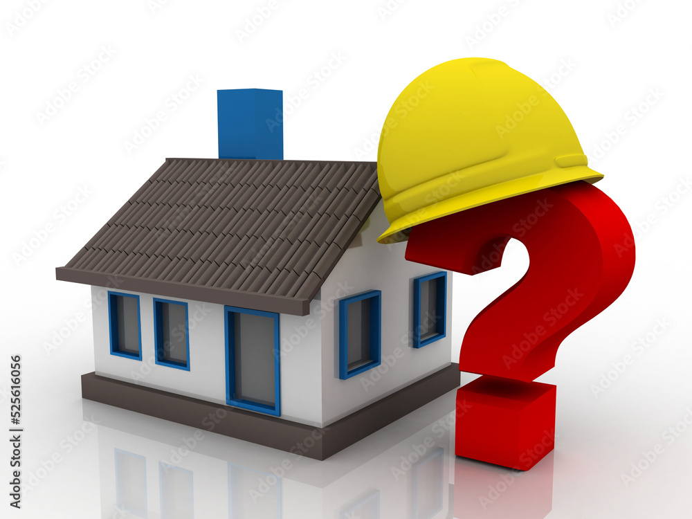 Poster 3d rendering house and helmet on question mark symbol